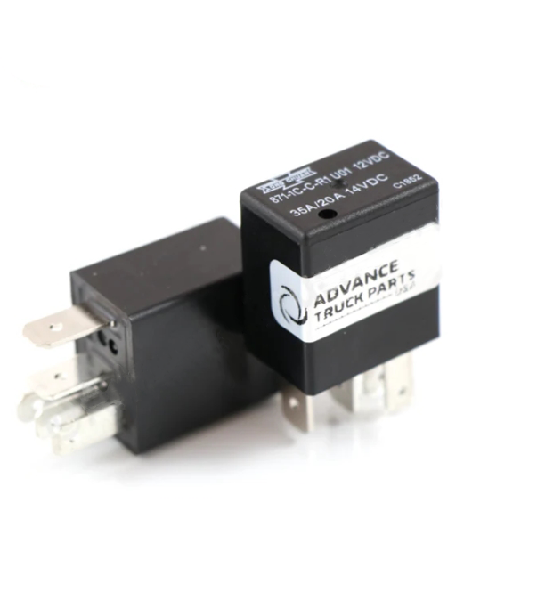 Advance Truck Parts USA 871-1C-C-R1-U01-12VDC Song Chuan style 5-terminal SPDT micro relay with built-in surge suppression resistor, showing terminal contact blades and housing print