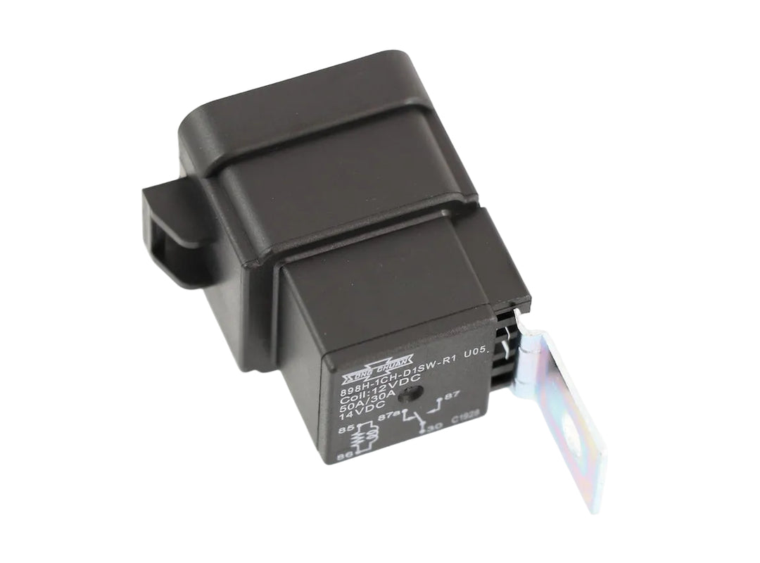 Advance Truck Parts USA Song Chuan 898H 12V DC 5-pin heavy-duty relay with printed circuit schematic, black polymer housing, and attached metal mounting bracket