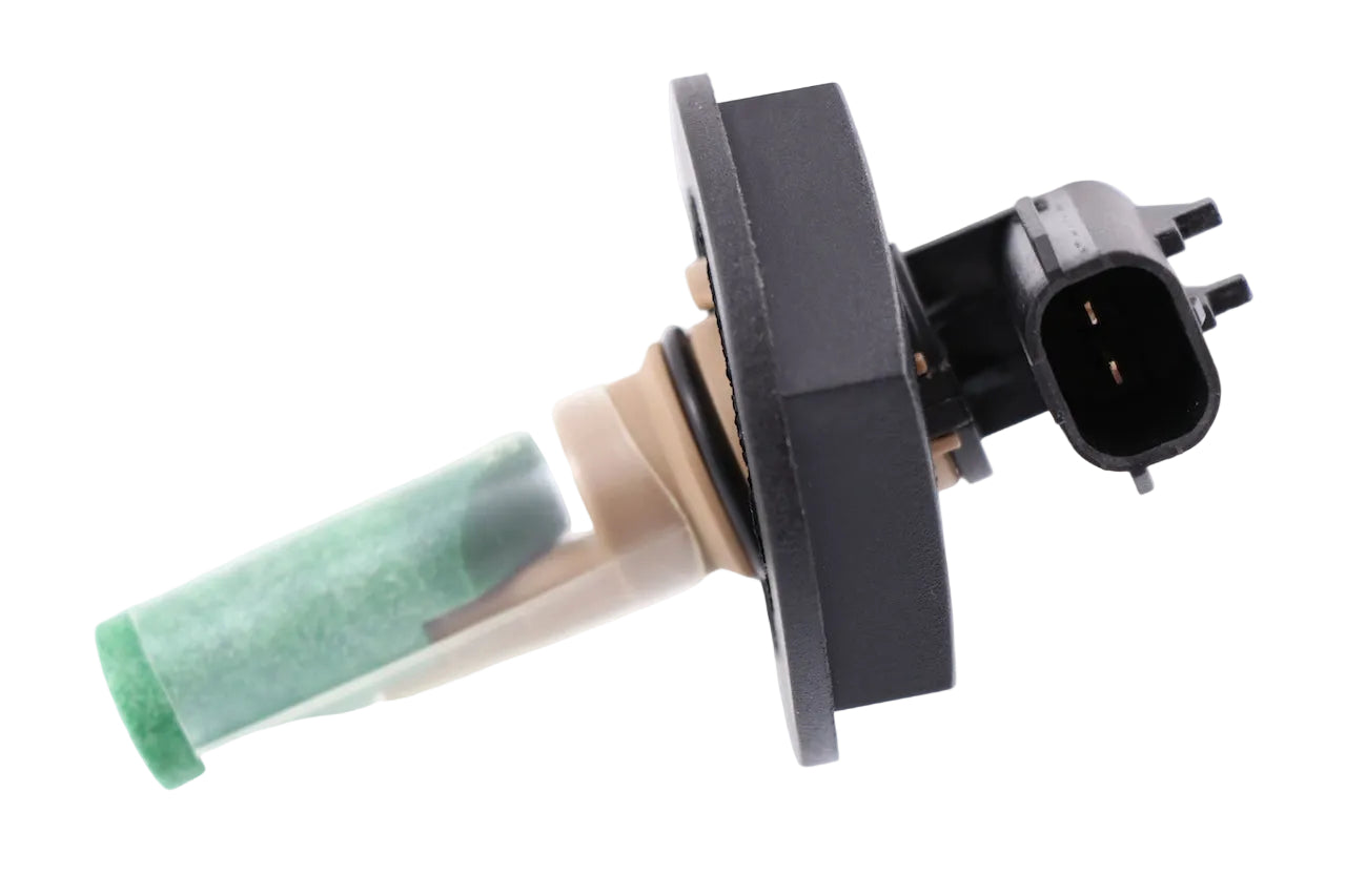 924-5205 Advance Truck Parts USA Freightliner Cascadia coolant level sensor featuring a threaded mounting cap, O-ring, probe, and 90-degree 2-pin connector on a plain background
