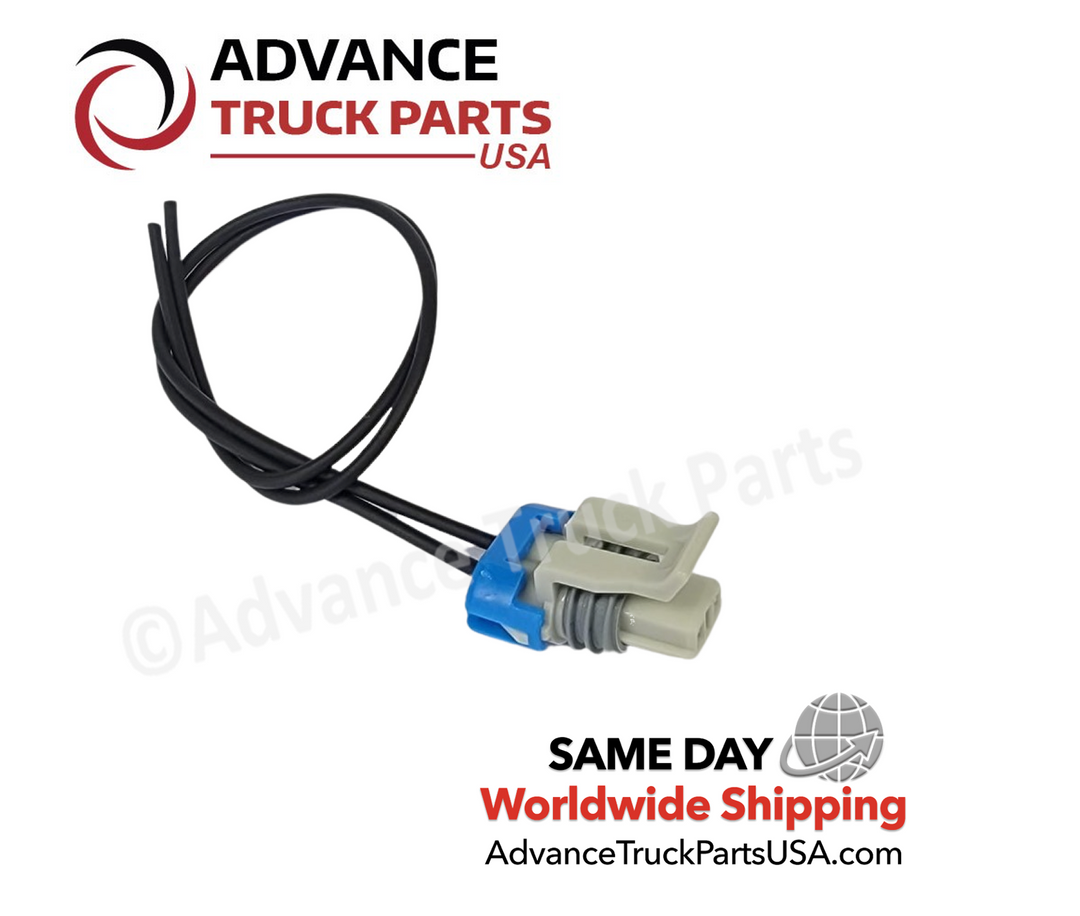 Advance Truck Parts USA 946-1074 2-pin pigtail connector showing a studio view of the grey housing, blue locking clip, rubber weather seals, and coiled wire leads 