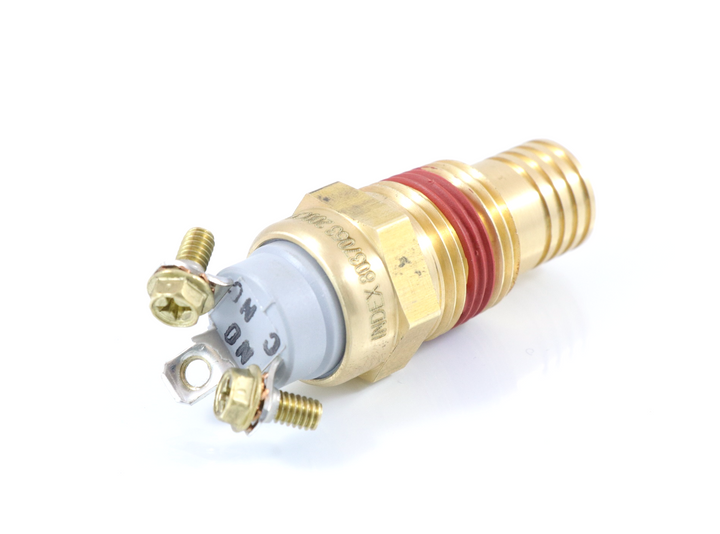 993654 8037030 15954 Advance Truck Parts USA thermal fan switch 200 degree featuring a brass threaded housing, red sealant, and screw terminals on a plain background