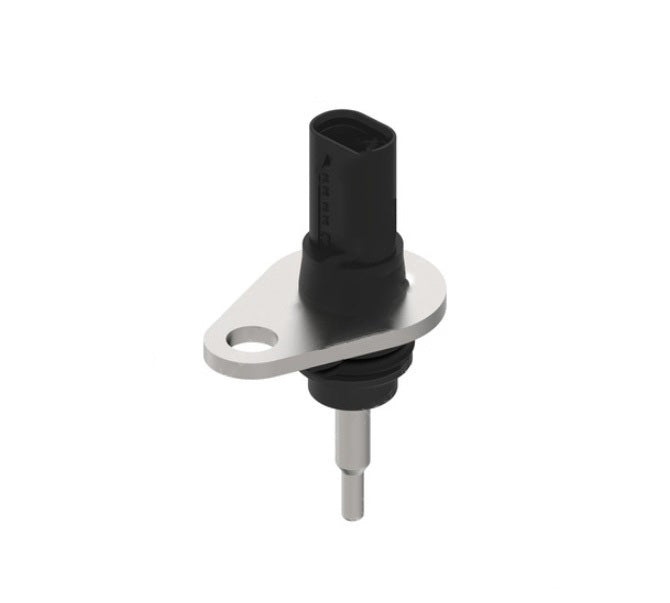 Advance Truck Parts USA A0111536728 Detroit Diesel temperature sensor showing a clean studio view of the black sensor housing, metal mounting flange, and probe on a plain white background