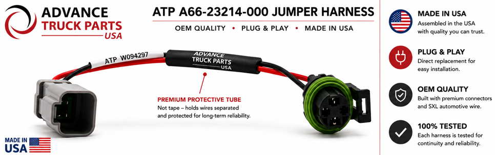 Advance Truck Parts ATP A66-23214-000 Jumper Harness shown on a white promotional background with product details, installation note, and feature icons.