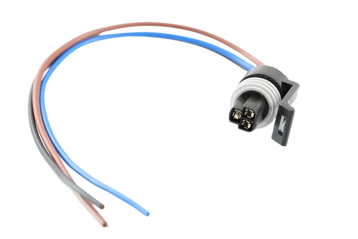 Advance Truck Parts USA PT2319 3-pin pigtail connector for coolant level sensors showing a clean studio view of the black connector housing, rubber sealing ring, and colored wire leads 