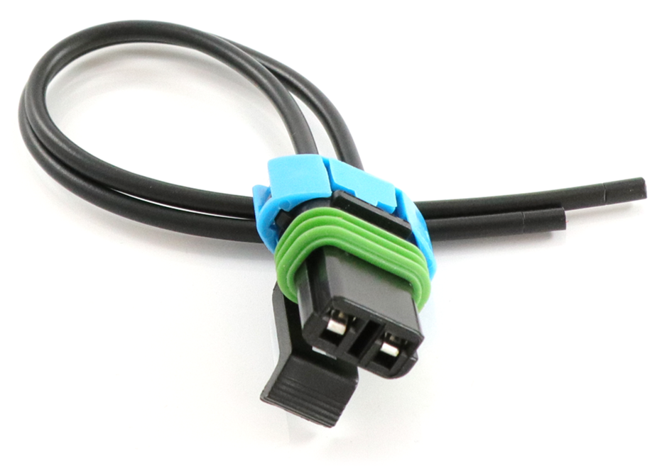 Advance Truck Parts USA PT247 2-pin female pigtail connector showing a clean studio view of the black wiring harness, green weather seal, and blue lock 