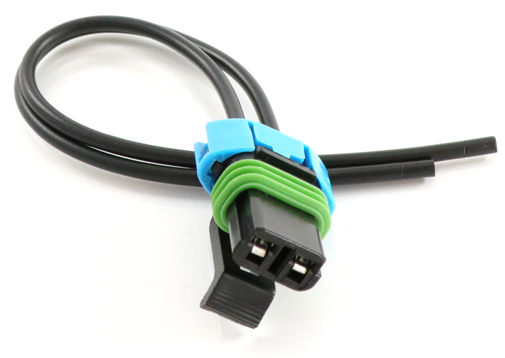 Advance Truck Parts USA PT247 2-pin female pigtail connector showing a clean studio view of the black wiring harness, green weather seal, and blue lock 