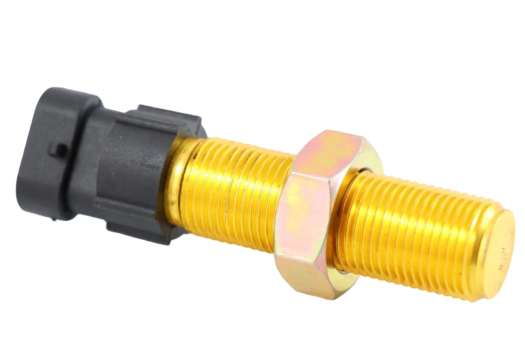 Advance Truck Parts USA Q21-6004 Paccar, Kenworth, and Peterbilt speedometer and tachometer sensor showing a clean studio view of the threaded brass body, mounting hex nut, and connector plug on a plain white background