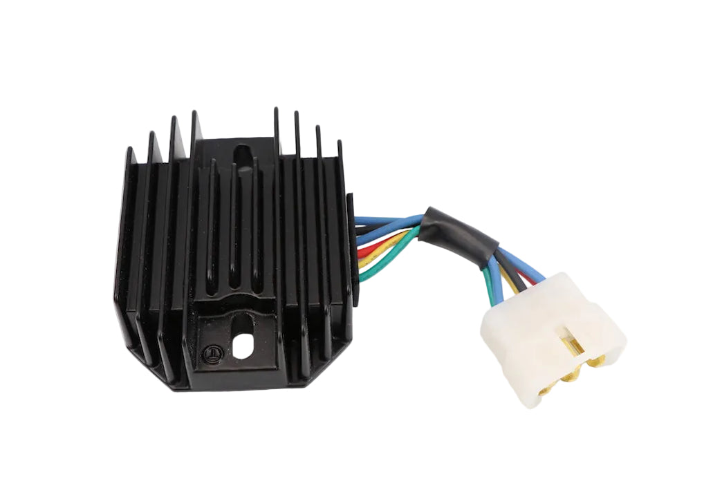 Advance Truck Parts USA RP201-53710 Kokusan Denki voltage regulator showing a clean studio view of the black finned housing, wiring harness, and rectangular connector on a plain white background