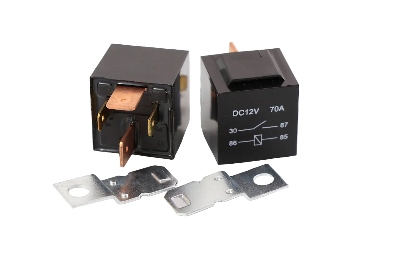 Advance Truck Parts USA VF7-41F11Z08 12V 70A 4-pin heavy duty relay showing a clean studio view of the wiring schematic on the housing, copper terminal blades, and mounting brackets on a plain white background