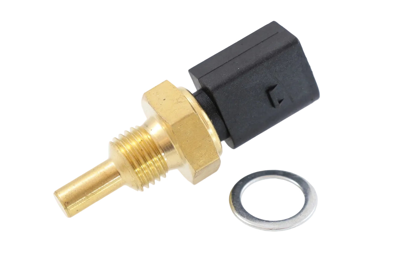 Advance Truck Parts USA W012009 Detroit Diesel DD15 engine temperature sensor showing a clean studio view of the brass threaded fitting, probe, electrical connector, and washer on a plain white background