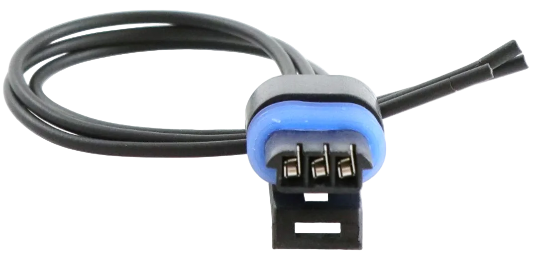 Advance Truck Parts USA W094107 3-pin pigtail connector showing a clean studio view of the connector housing, blue weather seal, and wire leads on a plain white background