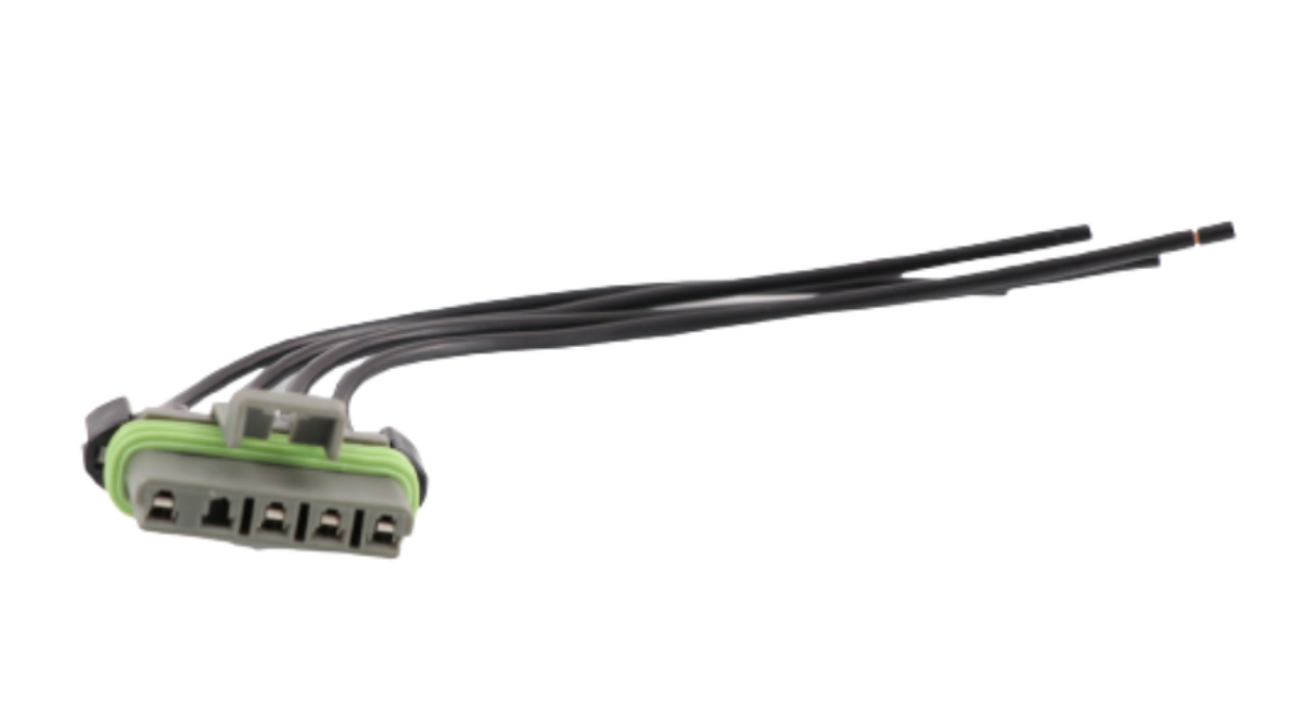 Advance Truck Parts USA W094108 5-pin pigtail connector showing a clean studio view of the 5-terminal housing, green weather seal, and lead wires on a plain white background