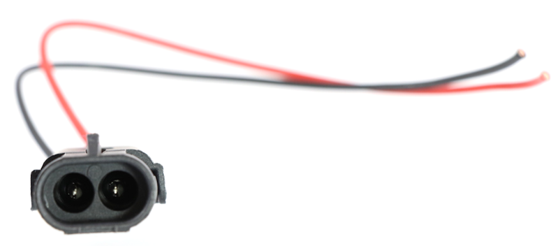 Advance Truck Parts USA W094114 2-pin pigtail connector showing a clean studio view of the connector face, terminal pins, and attached red and black wire leads