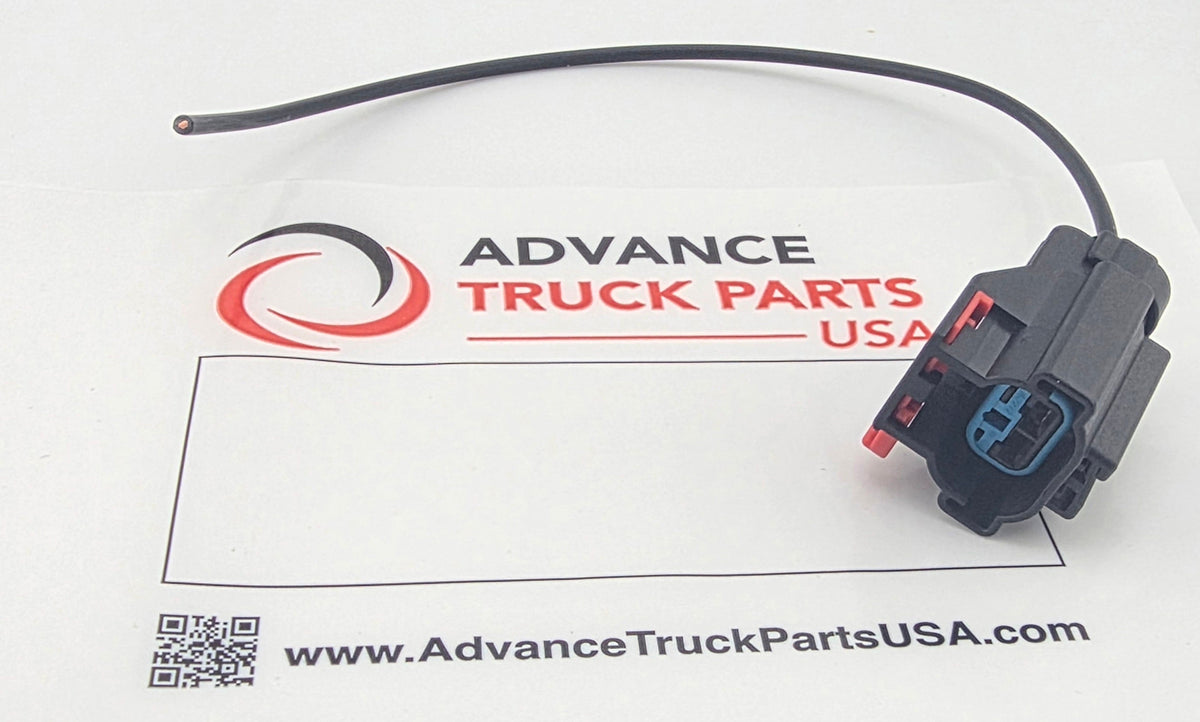 Advance Truck Parts USA W094132-1R 1-pin pigtail connector showing a top studio view of the black connector housing, red locking tab, and wire lead