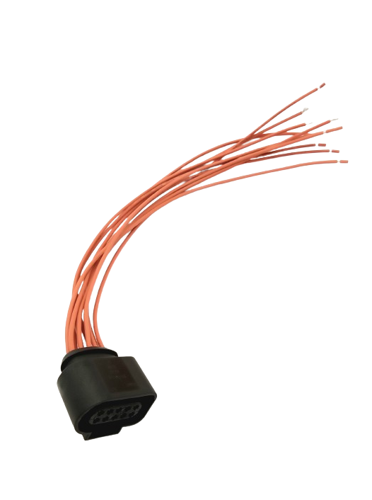 Advance Truck Parts USA W094314 1J0973715 10-pin female pigtail connector for Audi and VW showing a clean studio view of the black connector housing and 18 AWG orange wire leads on a plain white background