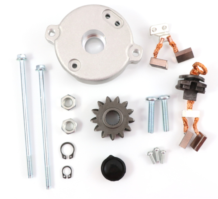 Advance Truck Parts USA WRK1100 Scion PMGR starter repair kit including back cover plate, drive gear, carbon brushes, long through bolts, nuts, snap rings, and screws