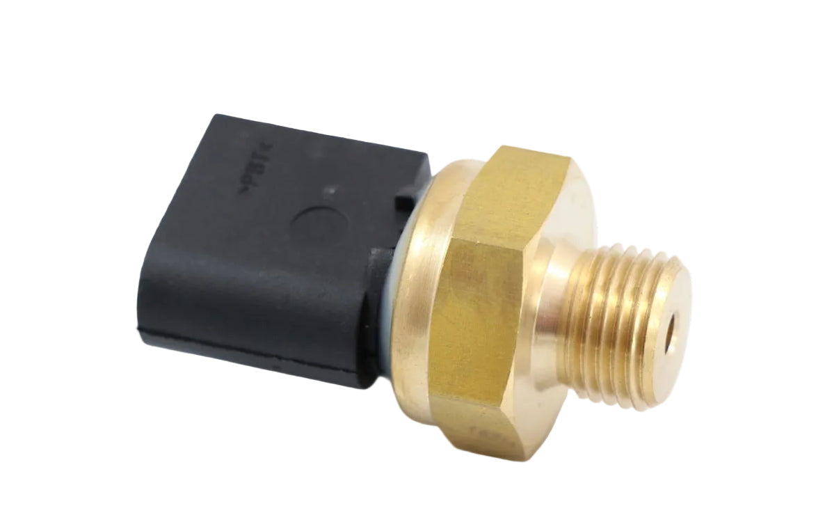 Advance Truck Parts USA A0071530828 Detroit Diesel oil pressure sensor showing a close-up studio perspective of the brass threaded fitting and black electrical connector