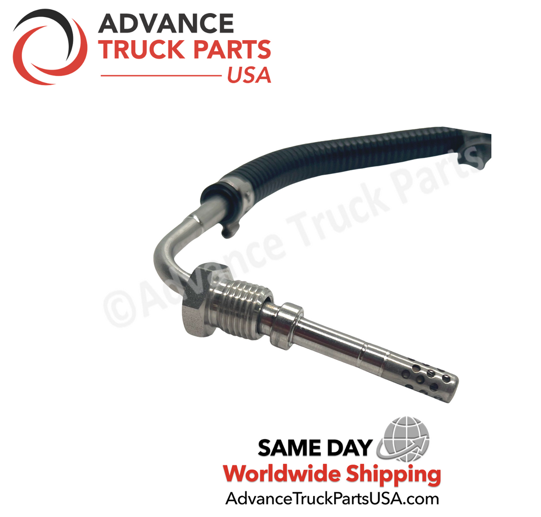 Advance Truck Parts USA A0081531328 Mercedes-Benz and Detroit Diesel exhaust gas temperature sensor showing a close-up studio perspective of the threaded probe tip and protective shielding