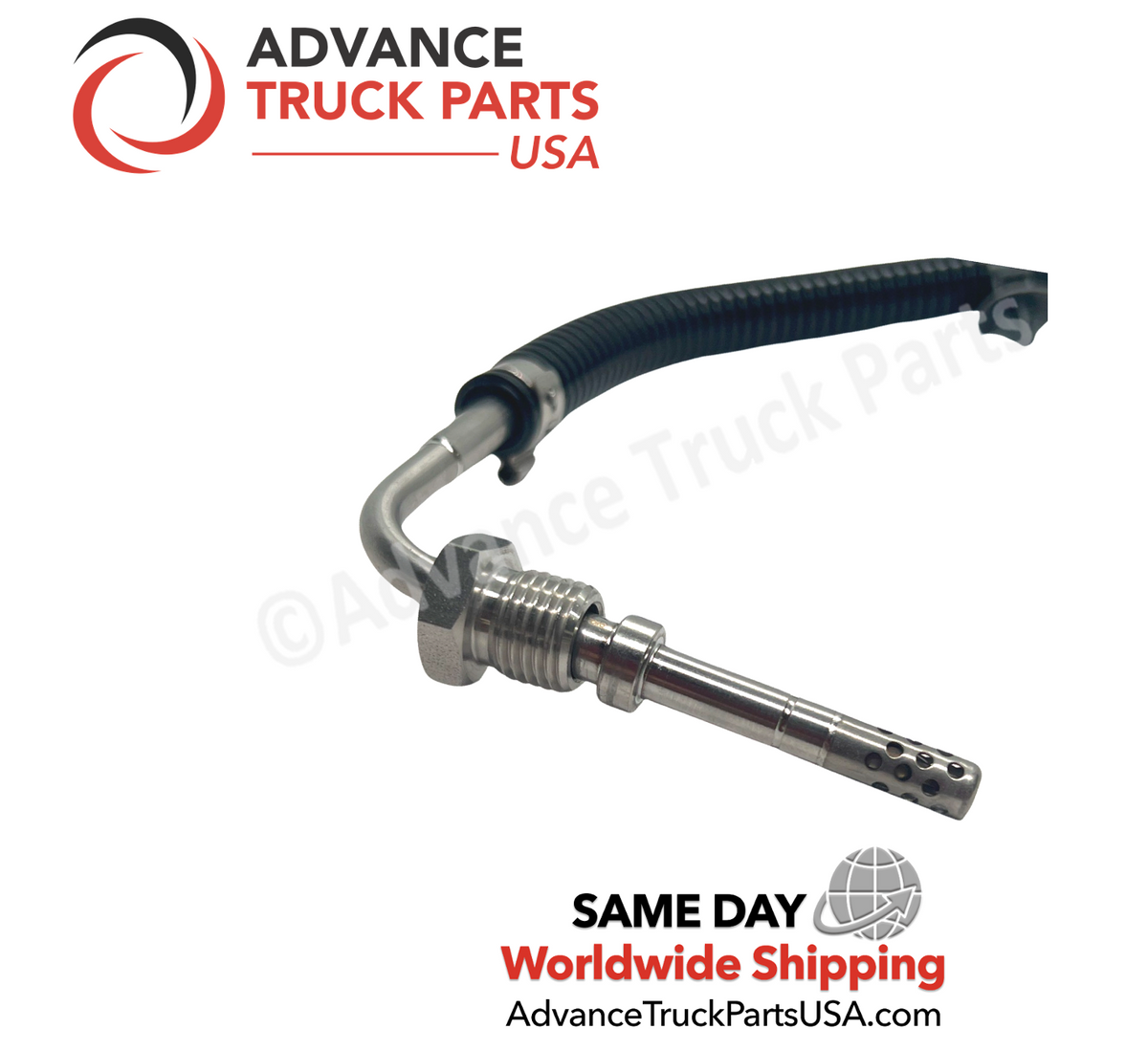 Advance Truck Parts USA A0081531328 Mercedes-Benz and Detroit Diesel exhaust gas temperature sensor showing a close-up studio perspective of the threaded probe tip and protective shielding