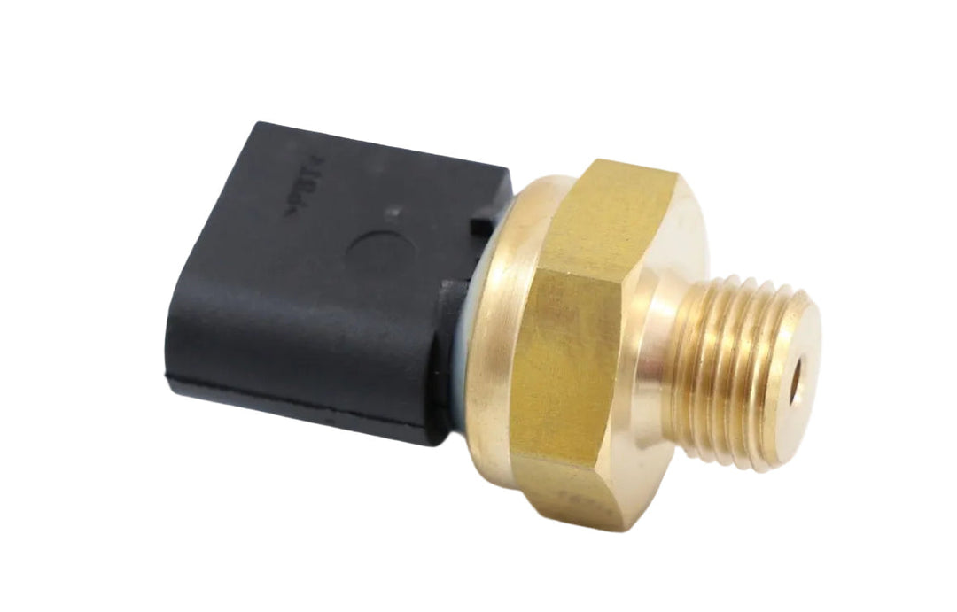 Advance Truck Parts USA A0111539228 Detroit Diesel oil pressure sensor showing a close-up studio perspective of the brass threaded base and black electrical connector