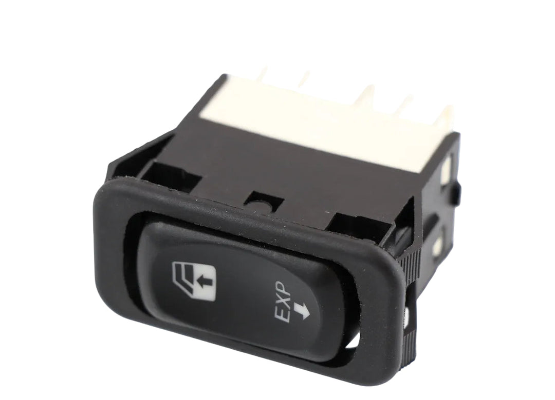 Advance Truck Parts USA A06-30769-008 Freightliner window switch showing a clean studio view of the black rocker housing with window icon and white pin base on a plain white background