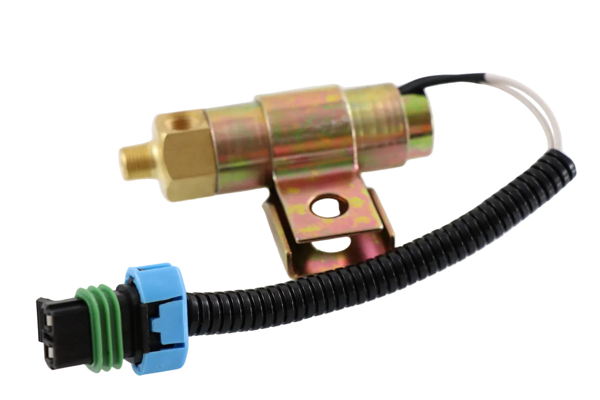 Advance Truck Parts USA Detroit Diesel 60 Series fan clutch solenoid A0626631000 showing a studio perspective of the metallic valve body, mounting bracket, and wiring harness with connector plug