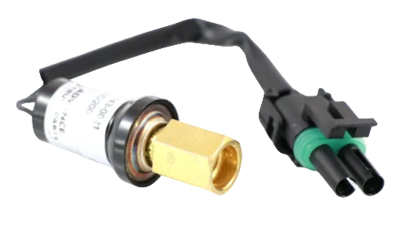 Advance Truck Parts USA A22-45194-000 Freightliner high pressure A/C switch showing a clean studio view of the brass female threaded fitting, black switch body, wiring harness, and 2-pin connector 