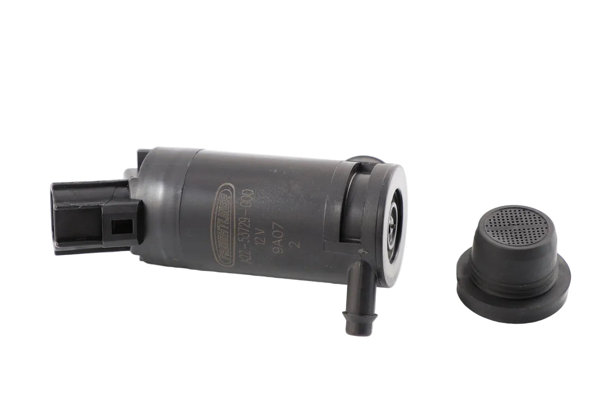 Advance Truck Parts USA A22-71173-000 Freightliner windshield washer pump showing a clean studio view of the black pump body, 2-pin connector, and rubber grommet screen 