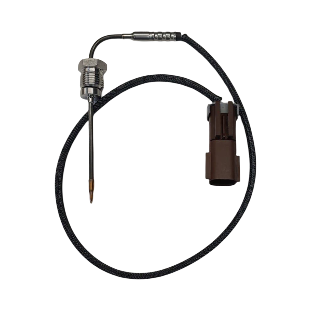 Advance Truck Parts USA A6805402117 Detroit exhaust gas temperature sensor showing a studio view of the threaded probe, braided wiring harness, and electrical connector