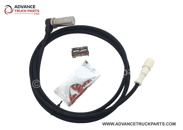 Advance Truck Parts USA full-assembly view emphasizing the sensor probe tip, mounting clip, grease packet, and connector end