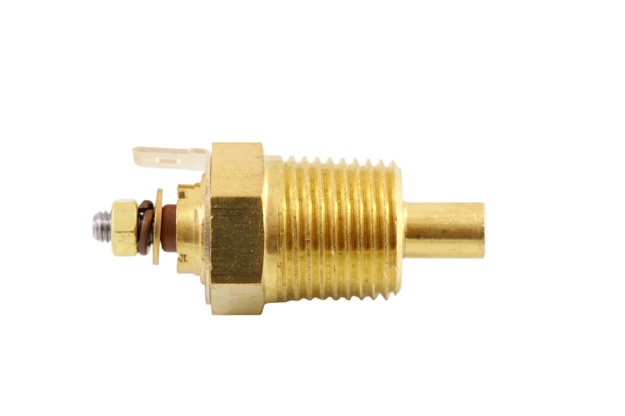 Advance Truck Parts USA 00049614 Kenworth oil temperature sender featuring a single post, ground spade terminal, and brass threaded body on a plain background