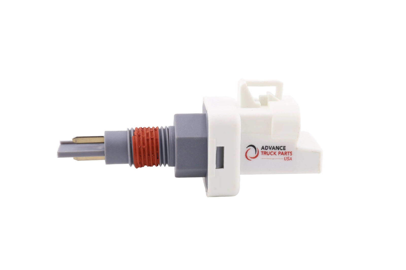 Advance Truck Parts USA 0200-GG3-008 liquid level switch showing a horizontal profile of the white oval connector housing with printed logo, grey hex nut base, red pre-applied thread sealant, and sensing probe on a plain white background