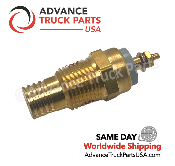 Advance Truck Parts USA 1002-07005-35 temperature switch for Freightliner showing a horizontal profile of the brass threaded body, red thread sealant, grey insulator ring, and threaded terminal stud on a plain white background