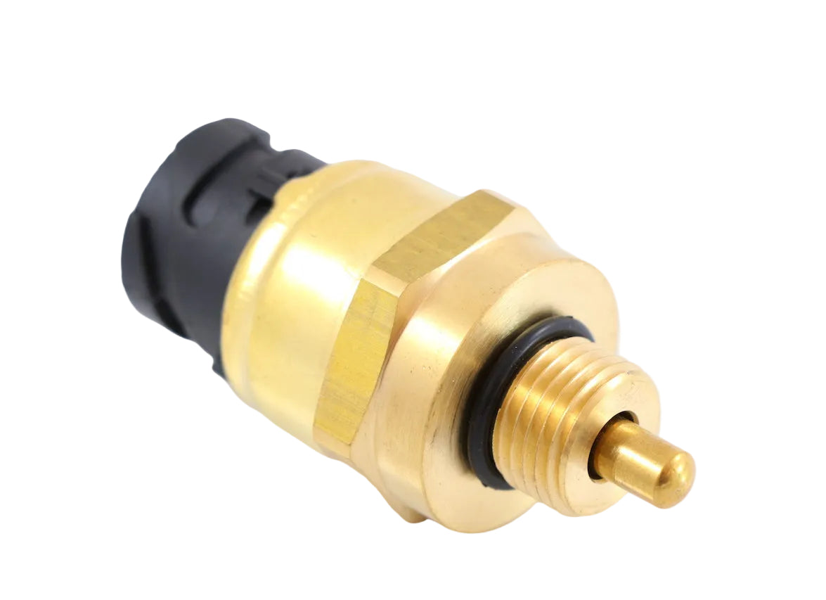 Advance Truck Parts USA 1077574 engine oil pressure and temperature sensor for Volvo D12 showing an angled profile of the brass housing, black O-ring, and black 4-pin round connector on a plain white background