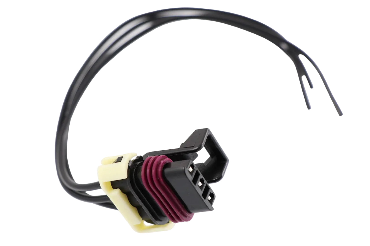Advance Truck Parts USA 12110293 3-pin pigtail connector for coolant level sensors featuring a black housing, purple weather seal, and wire leads on a plain background