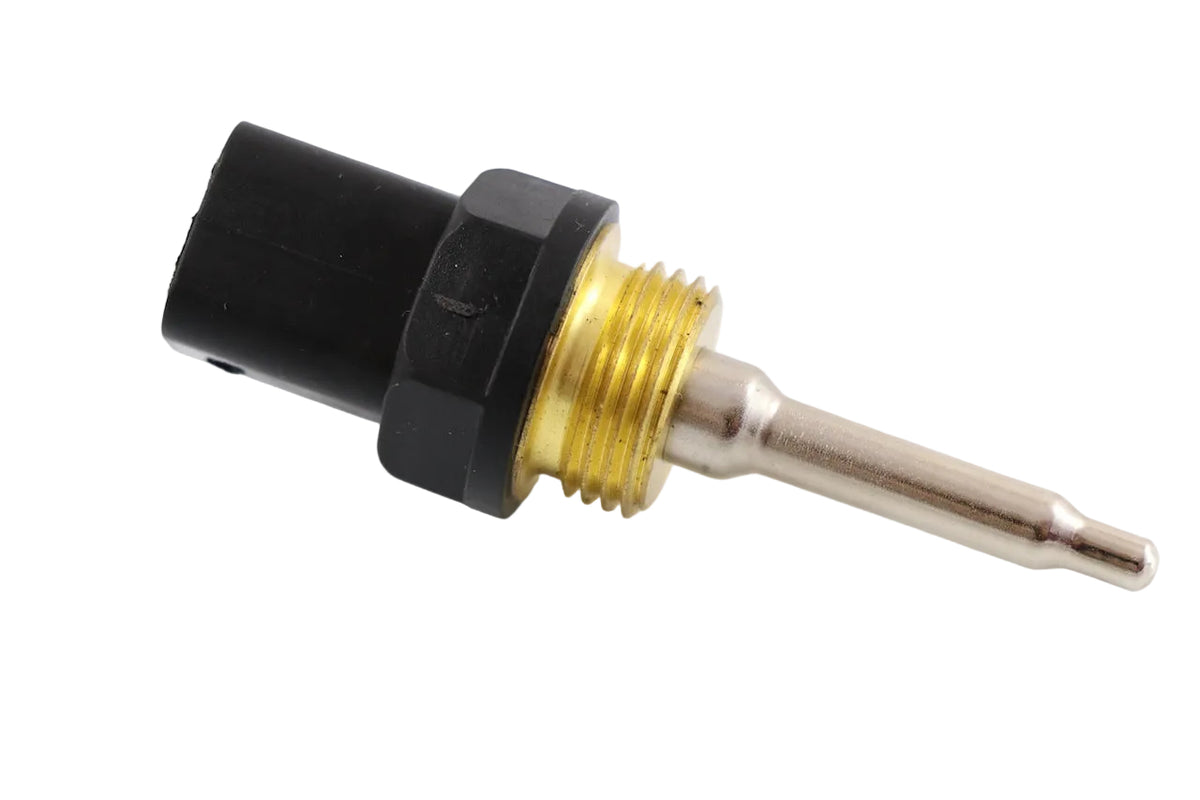 Advance Truck Parts 130-9811 2644297 temperature sensor for Caterpillar 3126B engines showing an angled profile of the black plastic connector, threaded brass base, and metal probe tip on a plain white background
