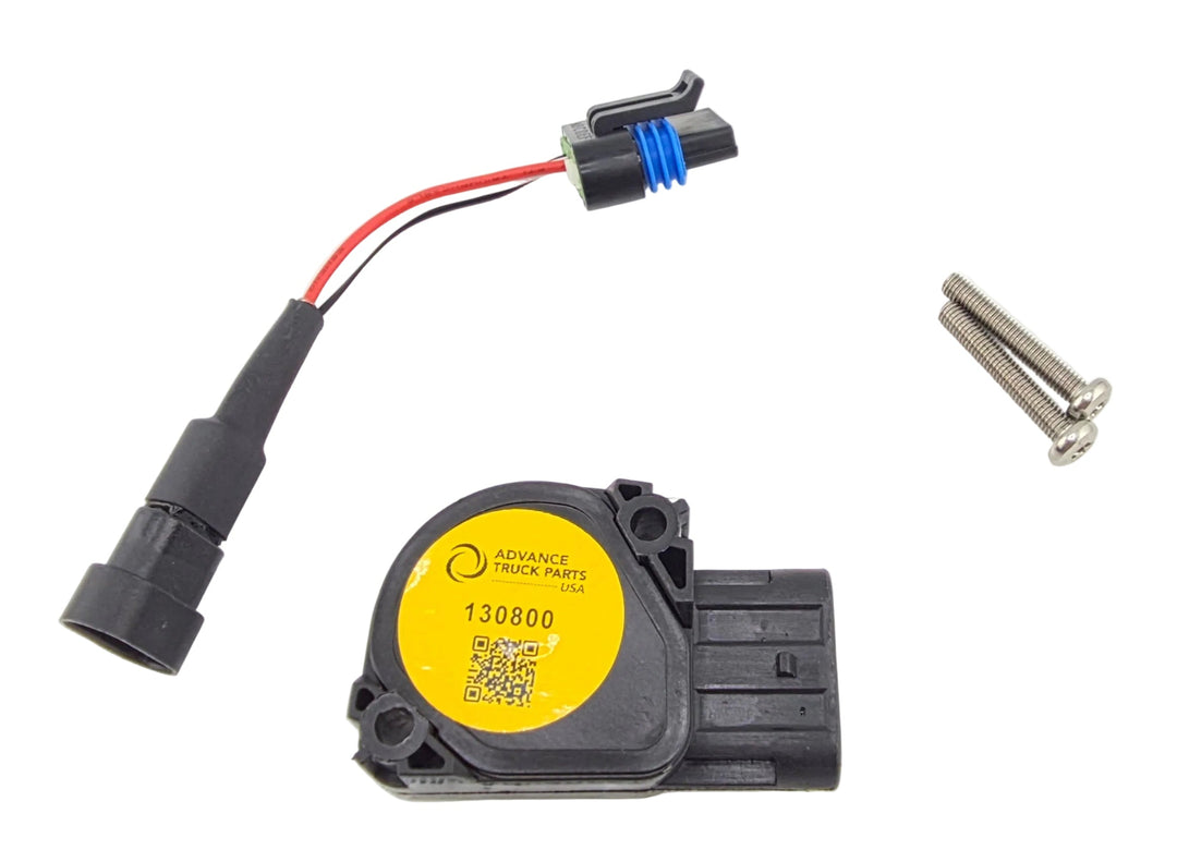 Advance Truck Parts USA 130800 throttle position sensor kit for Volvo DDEC III and IV showing an overhead layout of the black sensor module with a yellow factory identification label, wiring pigtail harness with a blue weather seal, and two stainless steel mounting screws on a plain white background