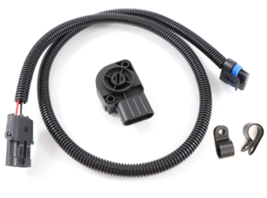 Advance Truck Parts USA 131140 throttle position sensor kit for DDEC II engines showing an overhead layout of the black plastic sensor unit, protective wire loom harness, and two mounting clips on a plain white background