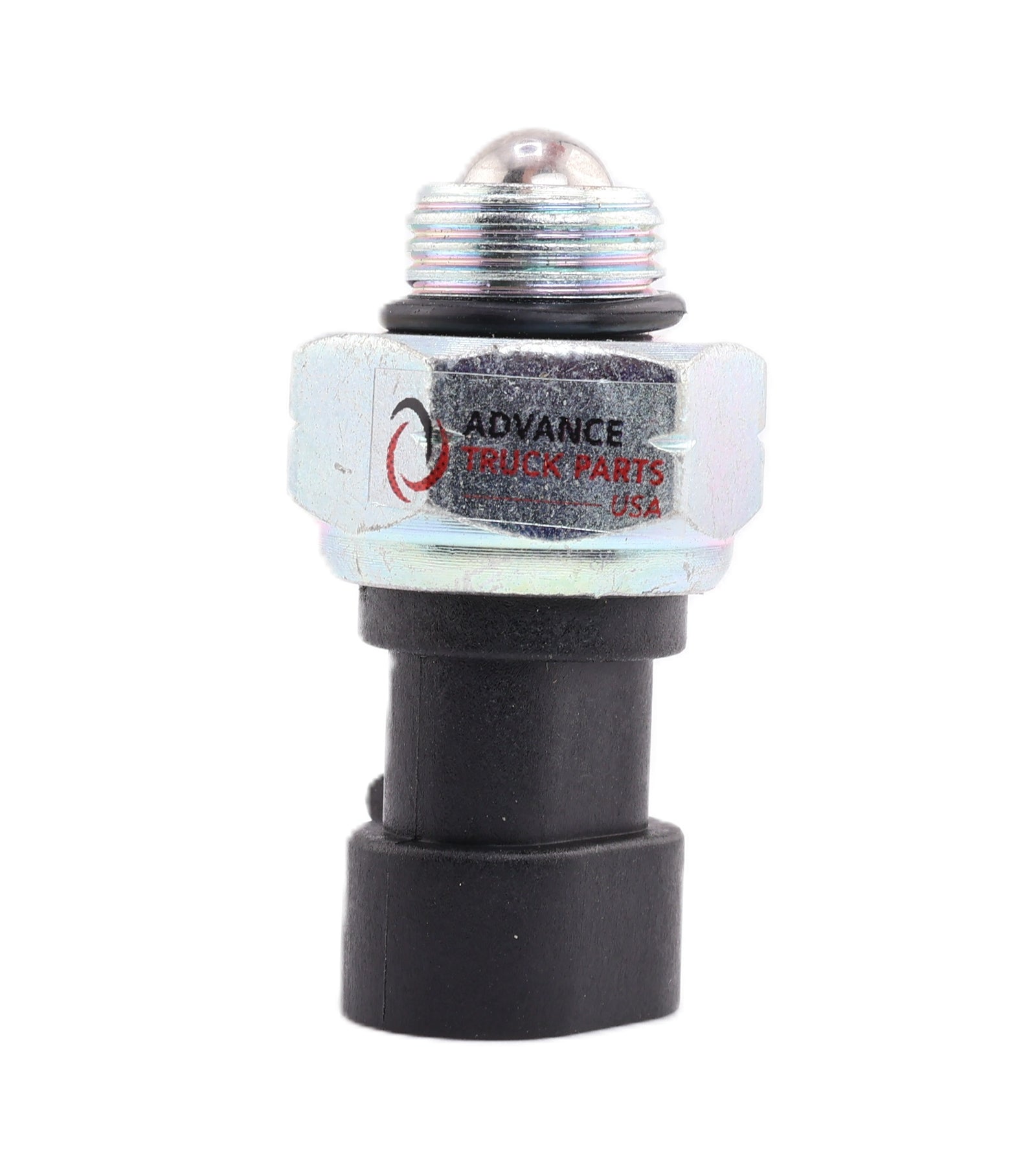 Advance Truck Parts USA 15566155 back-up lamp switch featuring a precision ball tip, threaded body, and black connector housing on a plain background