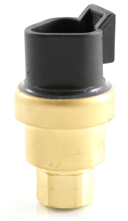 Advance Truck Parts USA 161-1705 1611705 pressure sensor for CAT featuring a gold metal body and black connector top standing vertically 