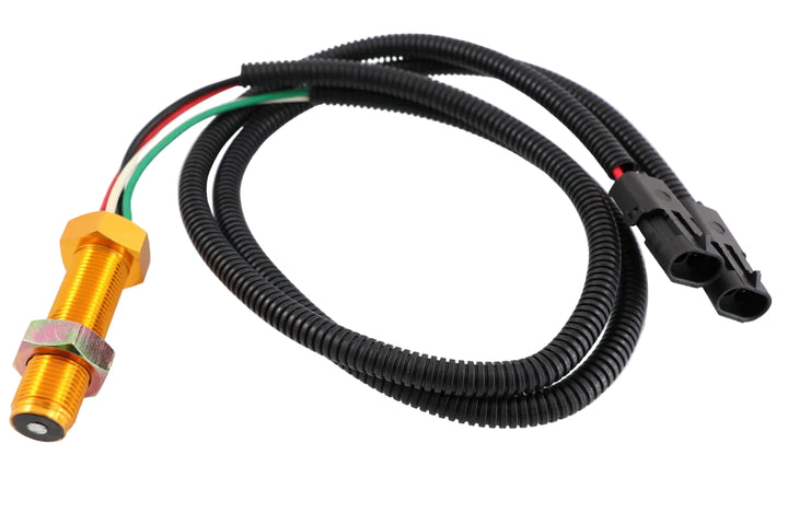 Advance Truck Parts USA 1658556C91 International speed sensor featuring a gold-threaded body, protected wiring harness, and two connectors on a plain background