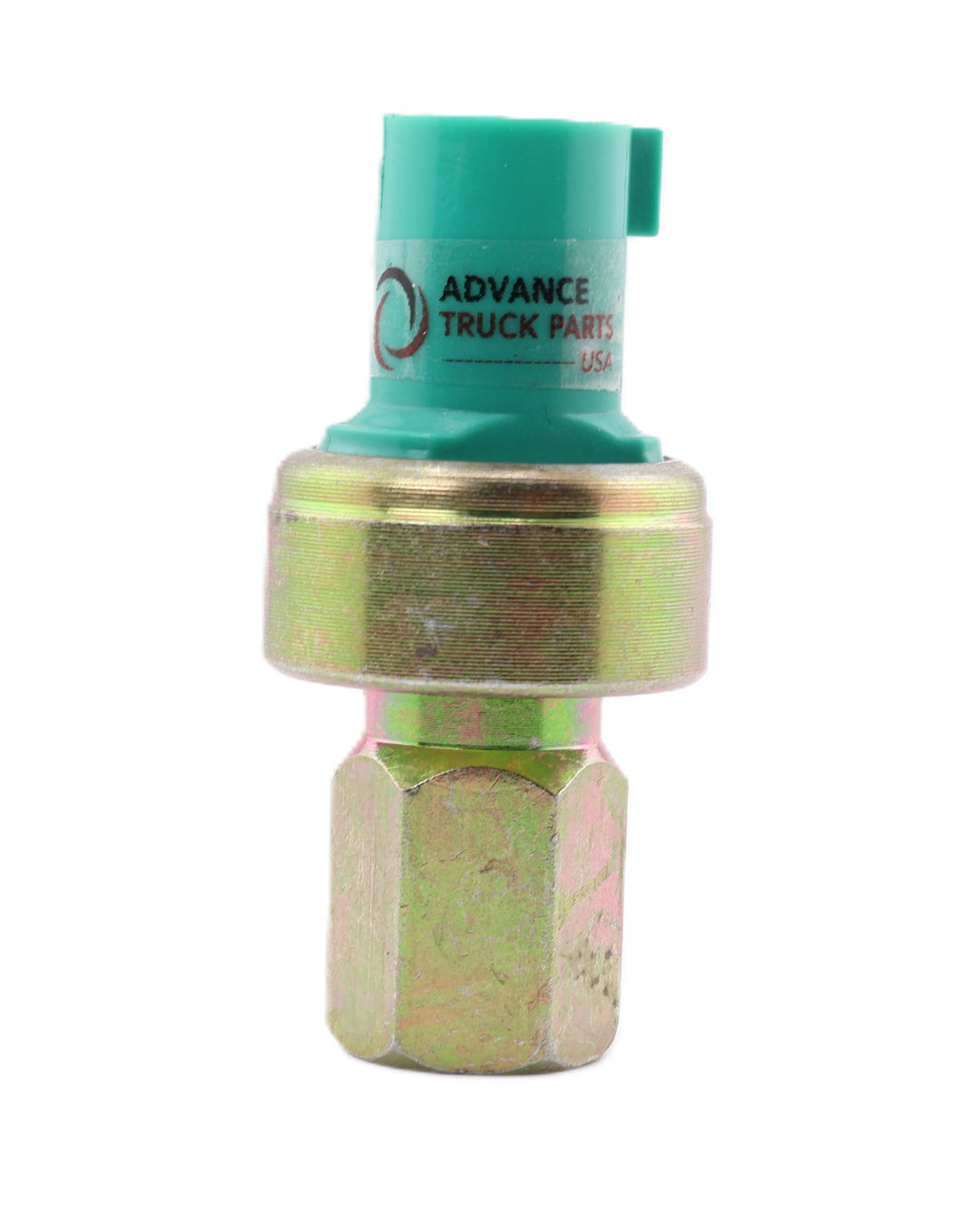 Advance Truck Parts USA 1676787C1 high pressure A/C switch showing an upright front perspective with a green 2-pin connector, zinc-plated body, and Female M10 threaded base on a plain background