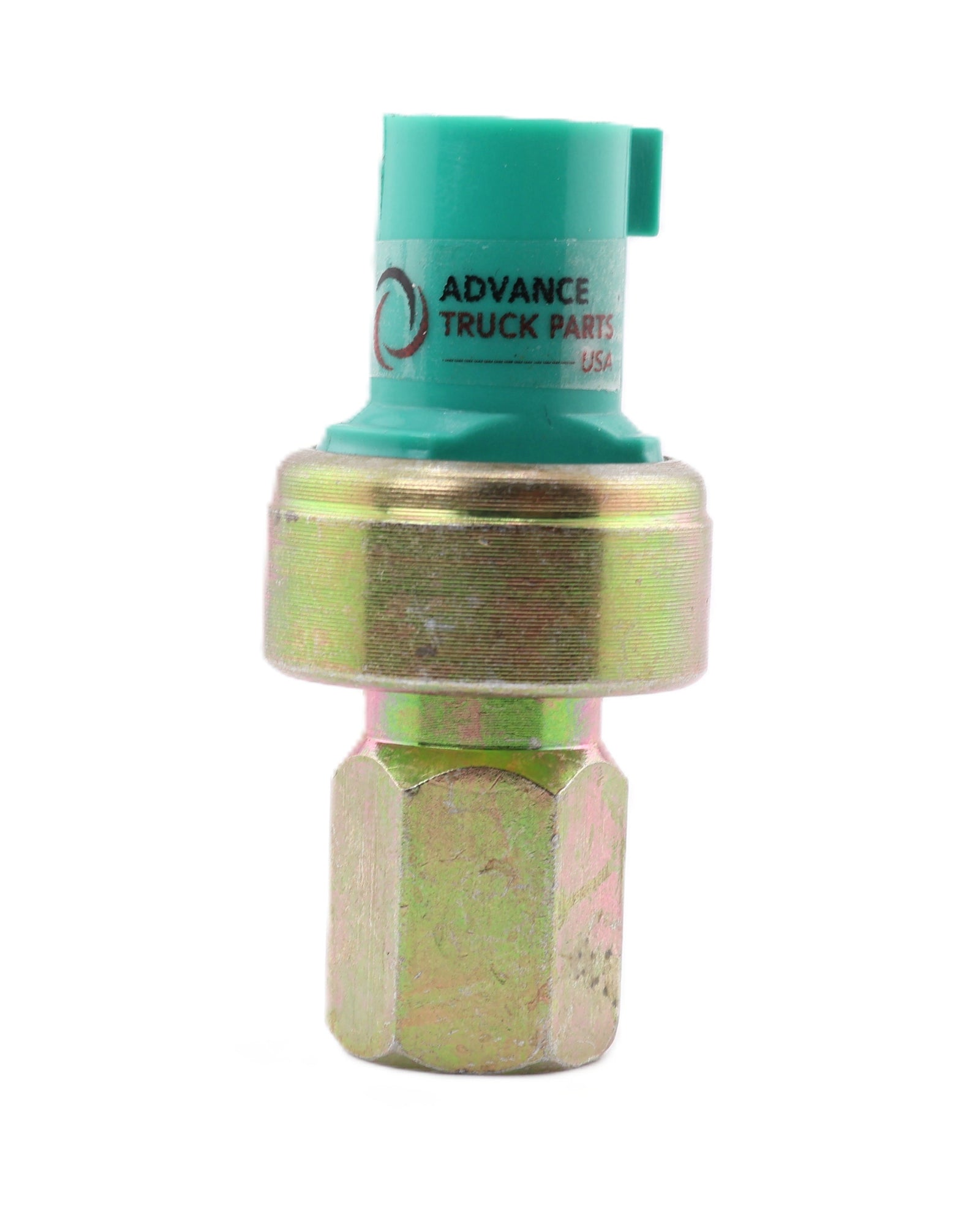 Advance Truck Parts USA 1676787C1 high pressure A/C switch showing an upright front perspective with a green 2-pin connector, zinc-plated body, and Female M10 threaded base on a plain background