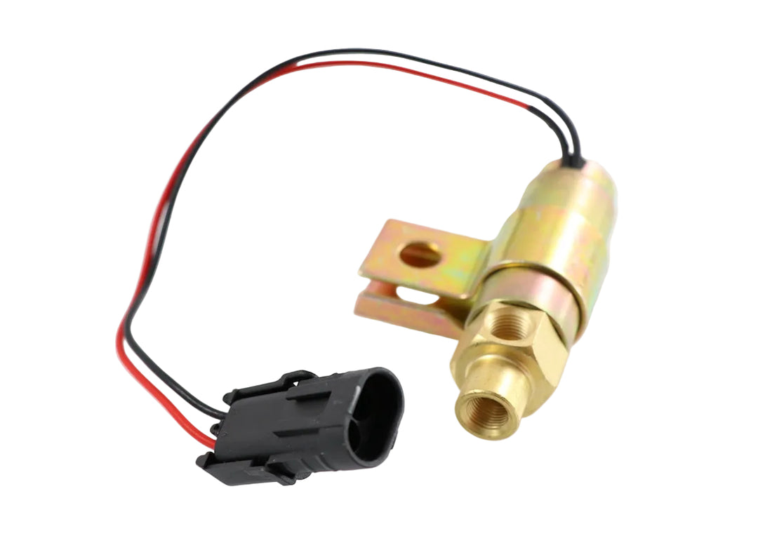 Advance Truck Parts USA 1689785C91 air solenoid valve with diode for International trucks horn featuring brass fittings, mounting bracket, and connected wiring harness on a plain background