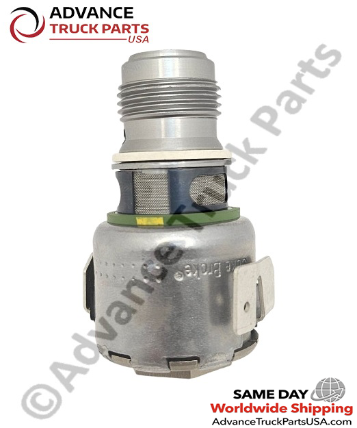 Advance Truck Parts USA 1739797 12V dual lead Jake Brake solenoid valve showing a vertical profile of the metallic housing, threaded top, internal mesh filter screen, and dual flat blade terminals on a plain white background