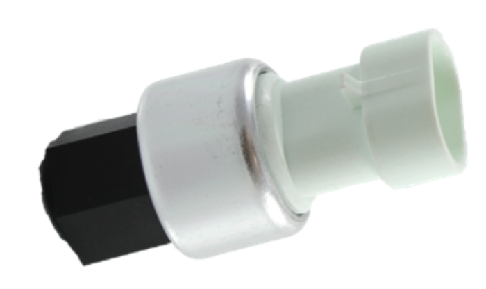 Advance Truck Parts USA 18-03834 low pressure switch for Peterbilt showing an angled profile of the black female M12 threaded port, silver body, and light-colored 2-pin electrical connector on a plain white background