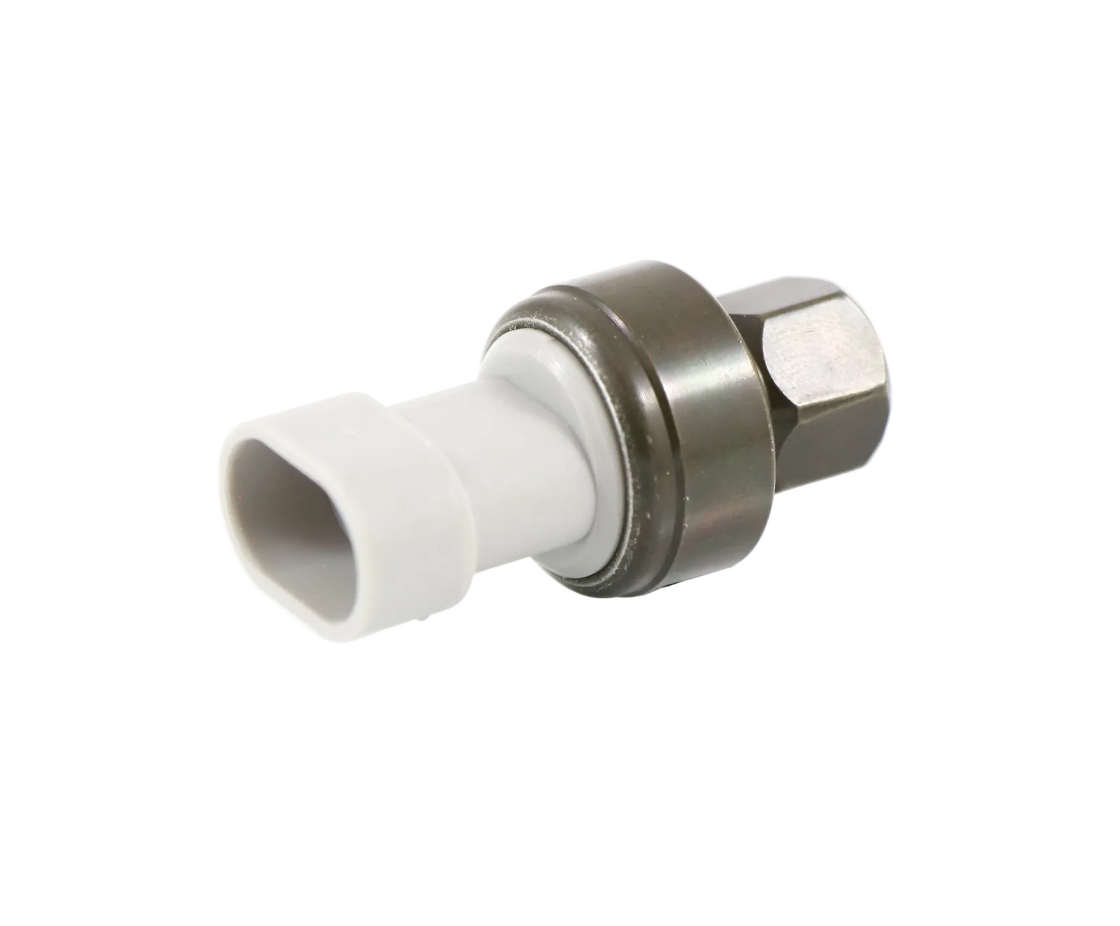 Advance Truck Parts USA 18-03836 high pressure switch for Peterbilt trucks featuring a grey connector housing and metal threaded fitting on a plain background