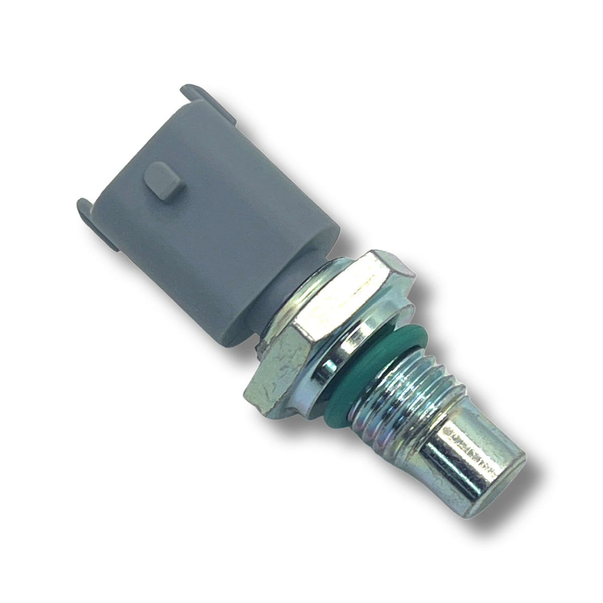 Advance Truck Parts USA 1836537C91 temperature sensor showing a clean studio view of the gray connector housing, green O-ring seal, and threaded metal probe tip on a plain white background