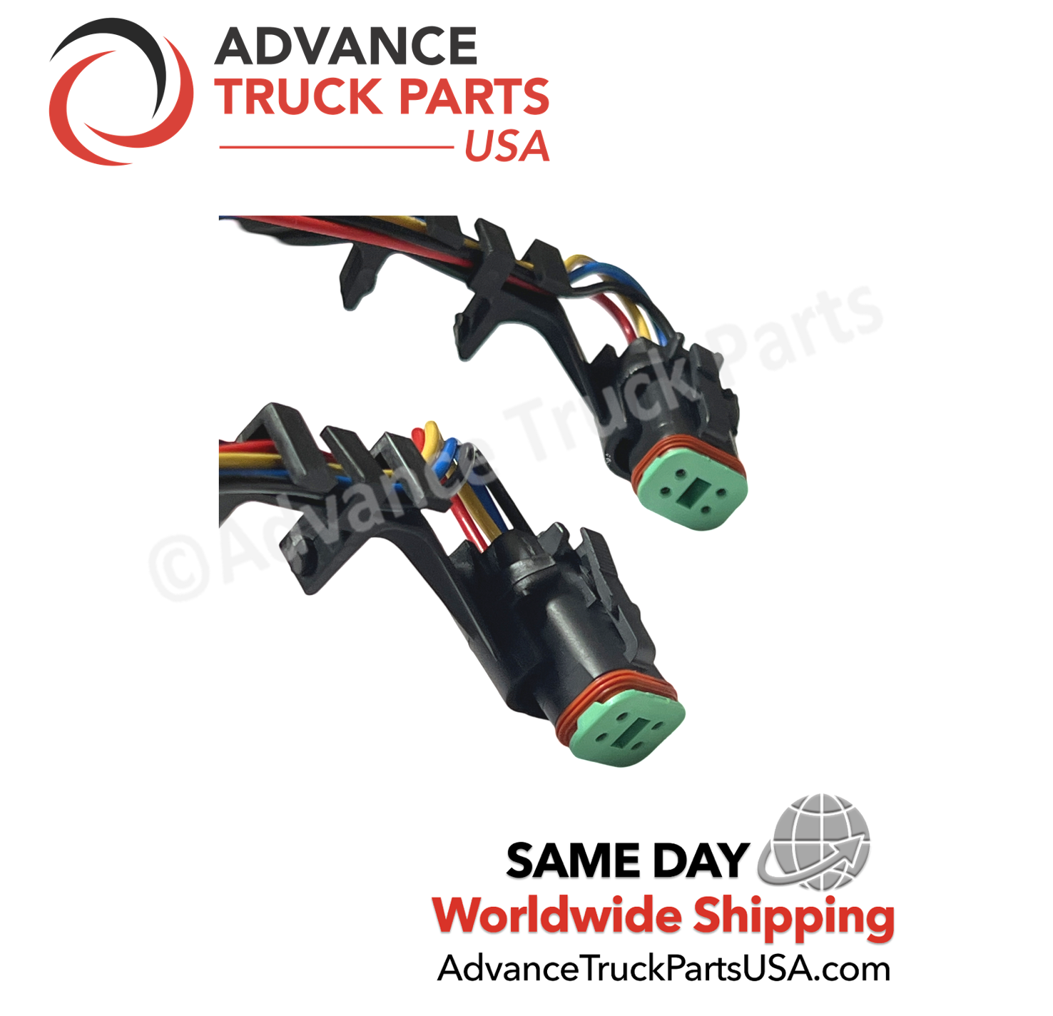 Advance Truck Parts USA branded studio close-up view highlighting the harness connector plugs of the International valve cover gasket