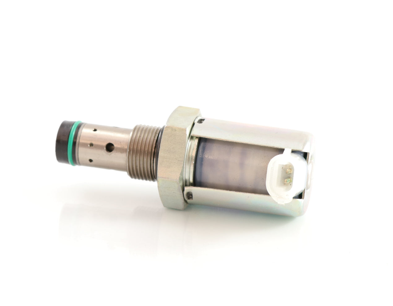 Advance Truck Parts USA 1846057C1 injection pressure regulator valve for International Navistar trucks showing a horizontal profile of the threaded metal body, green O-ring seal, hex fitting, and electrical connector on a plain white background